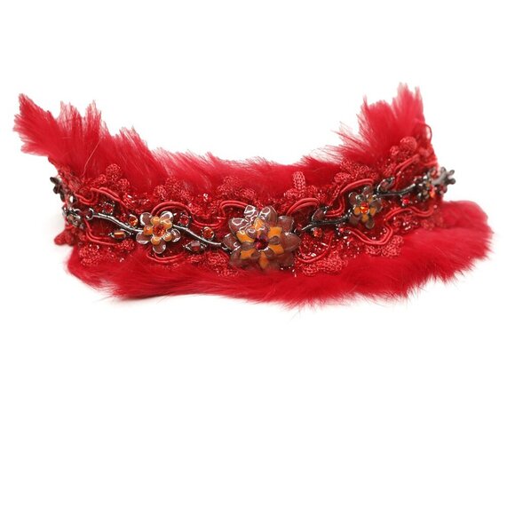 Vintage Nordstrom VCLM Feather Leather Bracelet Enamelled Flower Red - Picture 9 of 9
